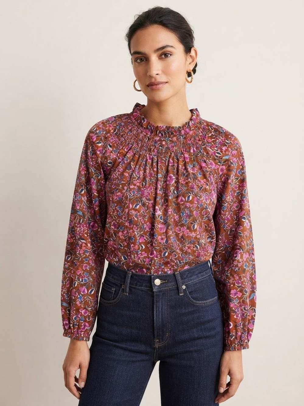 J Crew Factory Floral Smocked Neck Blouse - Pink & Brown Size Lp